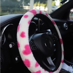 White steering wheel cover with pink hearts